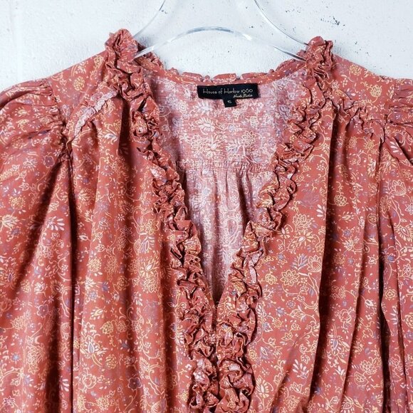 HOUSE OF HARLOW 1960 Wallis Rust Floral Ruffle Boho Smocked Dress Size Small - Picture 3 of 7